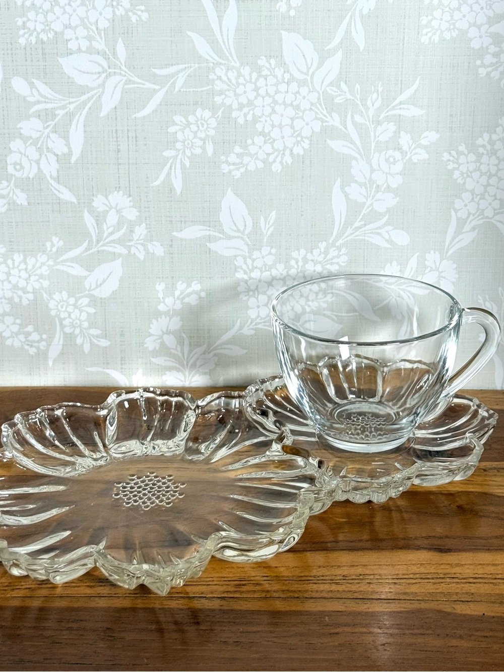 Vintage Double Daisy Glass Plate and Cup Set by Hazel Atlas